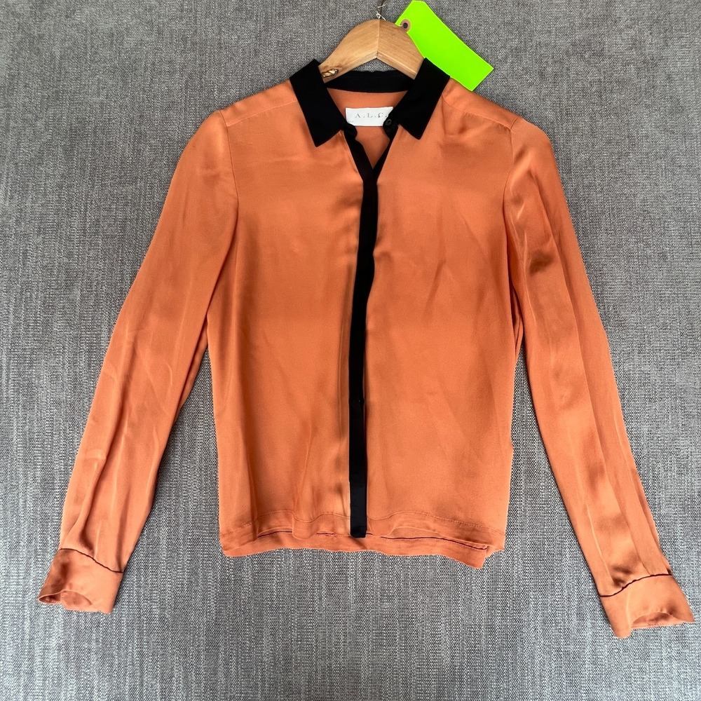 A.L.C. Shirt Top Womens XS Orange Black Contrast Collar Silk Minimalist Career